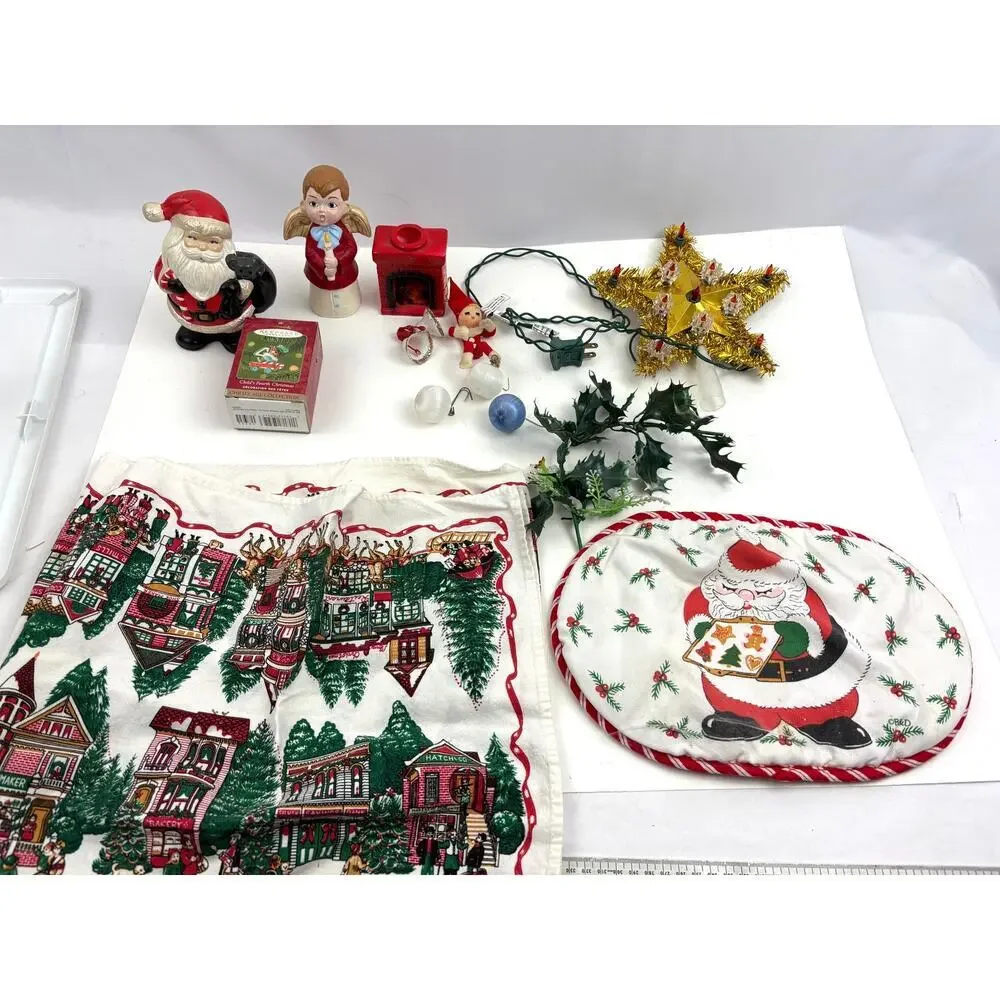 VTG Lot of 12 Holiday Ornaments Christmas Stars Santa Linen Tree Topper‎